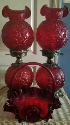 (2) RED POPPY FENTON GWTW LAMPS + FREE FENTON BASKET BOWL! PARLOR, BOUDOIR 