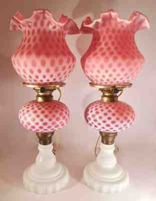 Pair of Fenton Art Glass Cranberry Opalescent Coin Dot Lamps w/ Matching Shades