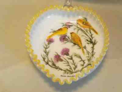 Fenton Pink Ruffled Heart Dish Hand Painted In Honor of Louise Piper EUC