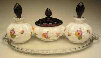 Fenton Art Glass Hand Painted Pansy 7 pc Melon Vanity Set Kathleen Sponsler 1996