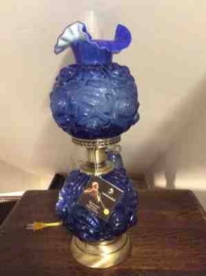 FENTON GLASS HURRICANE LAMP BRASS BASE BLUE CABBAGE ROSE PATTERN.