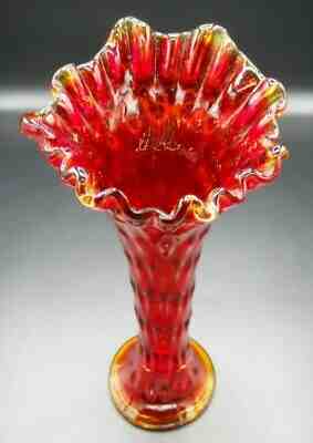 RARE! VINTAGE FENTON RUBY RED AMBERINA CRIMPED TOP RUSTIC VASE (NON CARNIVAL)