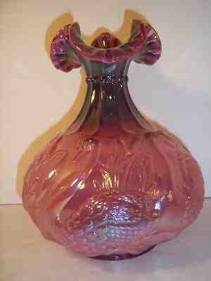 Fenton Glass Plum Opalescent Iridized Carnival Swan Vase Cat Tails Lily Pads