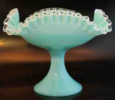 Vintage store Fenton Turquoise Silver Crest Pedestal Candy Dish Compote Art Glass