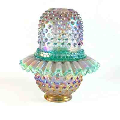 Fenton Glass Shelley 3 PC Iridescent Carnival Hobnail Violet Green Fairy Lamp