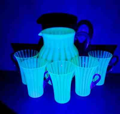 Rare 1920s Fenton uranium glass optic rib Pitcher Set 5 Cups Cobalt Handles 