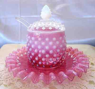 FENTON GLASS MINT&PERF VINTAGE 40s CRANBERRY PINK OPALESCENT HOBNAIL 4pc JAM SET