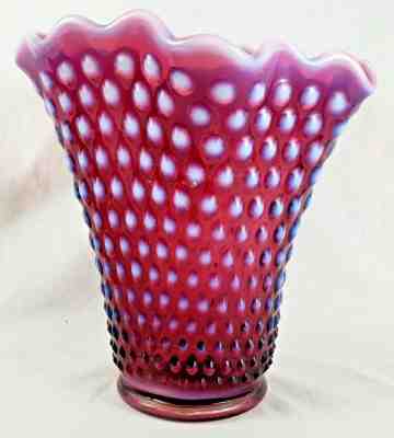 Vintage CRANBERRY HOBNAIL OPALESCENT Vase Ruffled Rim PERFECT