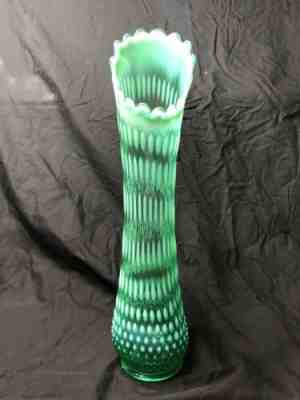 Gorgeous FENTON 17.5 inch Green Opalescent Hobnail Glass Vase SWUNG STRETCH