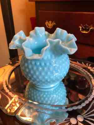 Fenton Pastel mint green milk offers glass Hobnail rose bowl ruffle vase