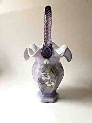 FENTON 95TH YEAR ART GLASS PURPLE COLOR BASKET HAND PAINTED BASKET W/ LABEL