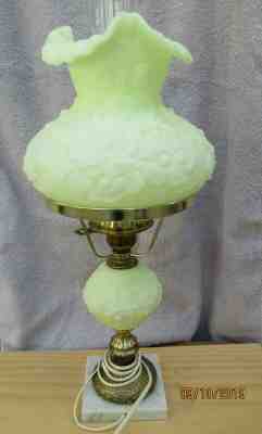 Fenton Satin Custard Glass Poppy Table-Student Lamp-Lime Green-w/Marble Base