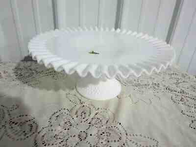Vintage 12.5" Cake Plate Stand Fenton Hobnail Pedestal Ruffled White Milk Glass