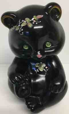 Fenton 1989 Glass Bear Cub Black Copper Rose Hand Painted Figurine Signed 