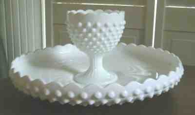 Vintage Fenton Hobnail White Milk Glass Chip n Dip Plate/Pedestal Bowl 2 pieces