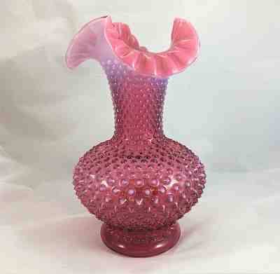 FENTON Glass Cranberry Pink Large Hobnail Vase Ruffle crimped edge 10.5 inches