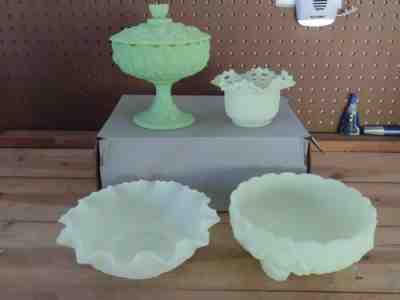 Fenton Green Satin Pedestal Lidded Candy Dish Lily & 3 Custard Yellow Bowls 