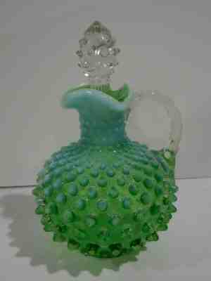 Scarce Fenton Art Glass GREEN OPALESCENT HOBNAIL  HANDLED GLASS CRUET 