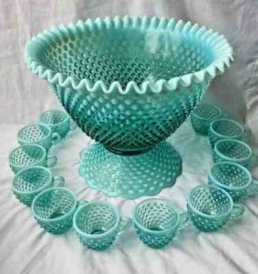 Fenton Persian Blue Opalescent Hobnail Punch Bowl with 12 Cups