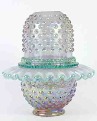 Fenton Glass Shelley Iridescent Carnival Hobnail Violet Green Fairy Lamp 3 Piece