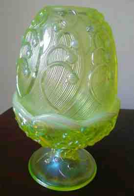Vtg Fenton Vaseline Glass Lily Of The Valley Fairy Lamp 2 p Fine Condition
