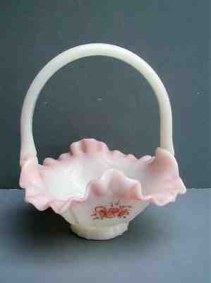 Vintage Fenton Glass Pink & White Satin Ruffled Rim Basket signed P. Miller 
