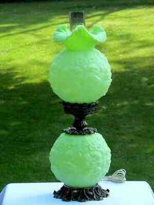FENTON LIME SHERBET GR SATIN "POPPY" DOUBLE GLOBE GONE WITH THE WIND (GWTW) LAMP