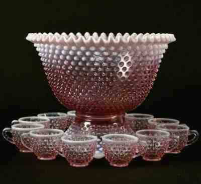 Punch Set, Fenton Rose Magnolia Opalescent Hobnail 12 cups punch bowl and base