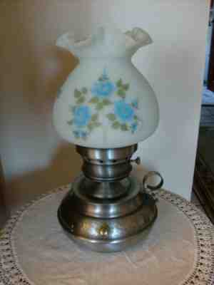 VINTAGE FENTON LAMP W/HAND PAINTED BLUE ROSES SATIN GLASS SHADE 7 3/4