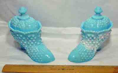 Pair of Fenton Blue Slag Milk Glass Hobnail Covered Slipper Shoe Candy Dishes