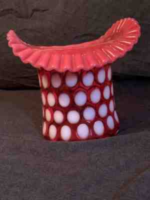 Fenton Cranberry & White Coin Polka Dot Ruffled Glass Top Hat Opalescent