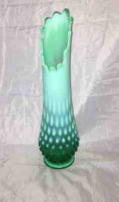 Fenton Hobnail Opalescent Green Swung Stretch Glass Vase 11 3/4”