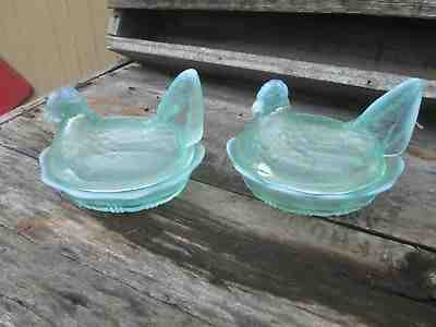 VTG PAIR OF FENTON ICE BLUE HEN ON NEST SET OF 2 CHICKEN COVERED CANDY DISHES