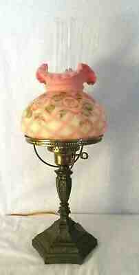 FENTON BURMESE ROSE DIAMOND OPTIC HAND PAINTED TABLE LAMP