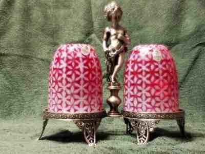 Fenton Cranberry Snowflake Double Fairy Lamp on Metal Base with Cherub