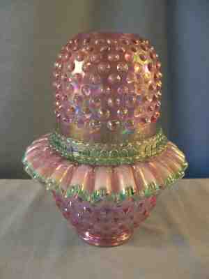 Fenton Hobnail Pink Iridescent Glass 3 Three Piece Fairy Lamp Green Insert Trim