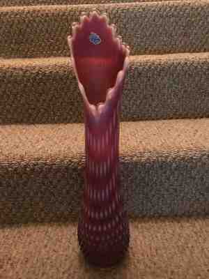  Fenton 18-1/2” Plum/Cranberry Hand Swung,Hobnail vase.Circa1950 w/orig sticker