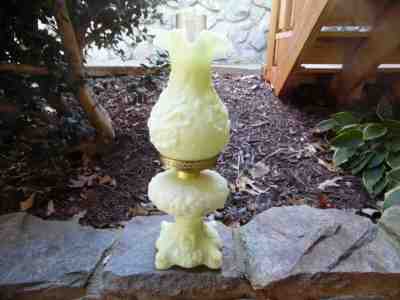  Vintage Fenton Satin Custard Poppy Oil / Kerosene  Lamp / Uranium / Glows