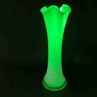 Antique FENTON Uranium Glass Green Opalescent Posy Bud Vase SWUNG STRETCH 10