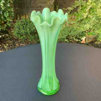 Antique FENTON Green Opalescent Glass Posy Bud Vase SWUNG STRETCH Strips 11