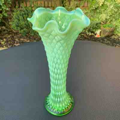 Antique FENTON Green Opalescent Hobnail Glass Posy Bud Vase SWUNG STRETCH 11