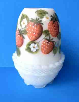 1983 Fenton Hand Painted Hobnail Glass Strawberry Basket by Louise