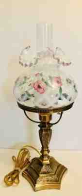  RARE Fenton Glass French Opal Diamond Optic Trellis Pink Crest Lamp Hp & Signed