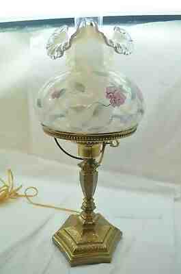 FENTON GLASS LAMP TRELLIS DIAMOND OPTIC FRENCH OPALESCENT HAND PAINTED CREST d