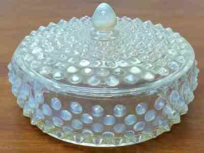 50's Fenton FRENCH OPALESCENT Moonstone Hobnail Art Glass Covered LOW CANDY BOWL