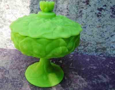 Lime Green satin acid etched Fenton glass water lily compote candy dish with lid