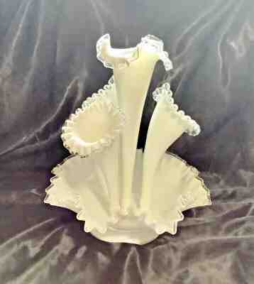 VINTAGE FENTON MILK GLASS SILVER CREST LARGE 4 HORN EPERGNE