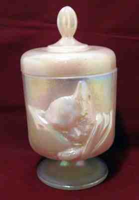 VINTAGE FENTON SHELL PINK CHESSIE CAT COMPOTE Carnival Iridescent CANDY JAR DISH