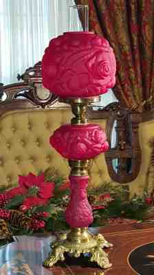 LG Wright Fenton Lamp RUBY RED Glass 3 Tier Puffy Rose w Lighted Font VERY RARE