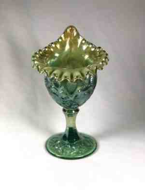 Fenton Green Carnival Glass Inverted Strawberry Jack In The Pulpit Compote 7¾"